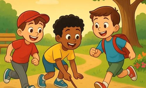 Tres niños de 6 años: Lucas, pelo castaño corto, piel clara, camiseta azul y pantalón corto verde, corre a la derecha con gran sonrisa y una tableta apagada en su mochila roja bajo el árbol; Mateo, pelo negro rizado, piel morena, camiseta amarilla, en el centro agachado trazando la línea de salida con un palo y mirando a sus amigos con entusiasmo; Diego, pelo castaño, piel bronceada, gorra roja y pantalón gris, a la izquierda en posición de salida, manos listas y ojos risueños. En un parque al final de la tarde, césped verde, gran árbol a la derecha, flores coloridas y un banco junto a un sendero de tierra claro. Los tres arrancan una carrera sobre la hierba, con trazos de movimiento, risas, leve polvo levantado, un balón apartado; escena alegre, colores vivos y contornos nítidos.
