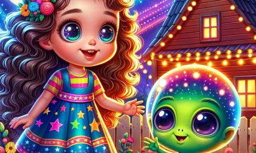 Uma menina de 10 anos, Lúcia, está no centro da imagem, com grandes olhos brilhantes e cabelos castanhos cacheados que caem sobre os ombros. Ela usa um vestido colorido com padrões de estrelas e um sorriso encantado no rosto, olhando para uma pequena criatura extraterrestre. Ao seu lado, um extraterrestre verde chamado Zib, com grandes olhos redondos e um sorriso amigável, flutua levemente acima do chão. Ele tem uma pele brilhante e usa um pequeno dispositivo na cabeça que emite luzes cintilantes. Ao fundo, há uma casa de madeira com telhado de telhas, cercada por um jardim colorido cheio de flores. O céu está estrelado, com uma grande lua brilhante, e uma nave espacial colorida está pousada na grama, iluminada por luzes vivas. A cena principal mostra Lúcia e Zib rindo juntos, enquanto outras crianças da escola, curiosas e maravilhadas, se aproximam para ver a nave espacial, criando uma atmosfera de descoberta e amizade.