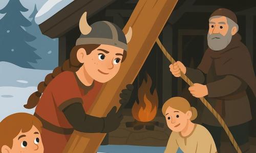 O tânără vikingă, Astrid, cu fața rotundă și pistrui, părul brun împletit, privire hotărâtă, împinge cu efort o grindă groasă de pin; un bătrân, Ulf (~60 ani), cu barbă cenușie și haină de lână, ține o frânghie și ghidează grinda din dreapta, lângă intrarea în longhouse; un băiat de ~10 ani, Leif, cu obrajii înroșiți, ține o cană de ceai și o privește admirativ din prim-plan stânga; o tânără, Sigrun (~16 ani), cu părul prins, ține o lopată și, în genunchi, ajustează un suport pentru grindă; scena e într-un longhouse nordic din lemn închis, acoperit de zăpadă, cu ardere caldă în vatră și peisaj de pini înzăpeziți — satul ridică și fixează un stâlp de susținere pentru a repara clădirea prăbușită, atmosferă de iarnă și efort colectiv.