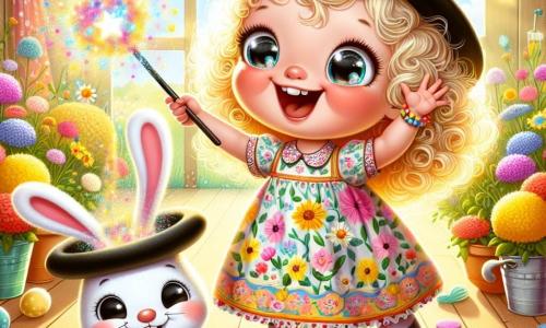 O fetiță de 2 ani, pe nume Ana, cu ochi mari și strălucitori și păr creț de culoare aurie, zâmbește fericită ținând o baghetă magică strălucitoare. Poartă o rochie colorată cu motive florale și șosete în dungi. Lângă ea, un iepuraș alb cu o ureche mare căzută, purtând o pălărie neagră uriașă, dansează râzând. Iepurașul are un aer jucăuș și pare foarte fericit, sărind în jurul Anei. Scena se desfășoară într-un hambar însorit, plin de flori multicolore și raze de lumină care pătrund prin feronerie. Oale cu mămăligă sunt împrăștiate pe podea, adăugând o notă de nebunie ambientului. Ana, ridicându-și bagheta, încearcă să facă magie, dar în schimb face să apară un imens balon care explodează într-o ploaie de confetti colorate, provocând hohote de râs între ea și iepuraș.