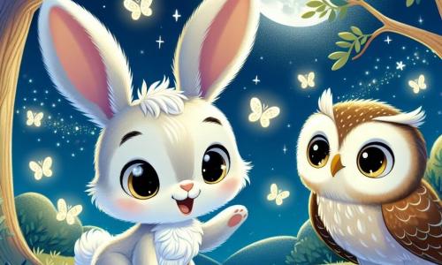 An illustration depicts a small rabbit with soft white fur, large upright ears, and curious bright eyes. It stands on its hind legs in front of an open colorful book, its face lit up by a delighted smile, ready to explore the night. Nearby, a wise owl with brown feathers and round golden eyes perches on a tree branch, looking at the rabbit with a kind and encouraging expression, its wings slightly spread as if ready to take flight. The main setting is an enchanted clearing, bathed in silver moonlight, surrounded by majestic trees whose leaves gently sway in the night breeze. Fireflies sparkle in the air, creating a magical and soothing atmosphere, while soft shadows dance on the ground. The main scene shows the little rabbit, amazed by the beauty of the night, discovering the world around it, while the owl watches wisely, ready to share stories about the wonders of the night. Additional graphic elements include twinkling stars in the sky, nocturnal flowers gently opening, and playful shadows cast by the moonlight, adding a touch of mystery and magic to this night scene.