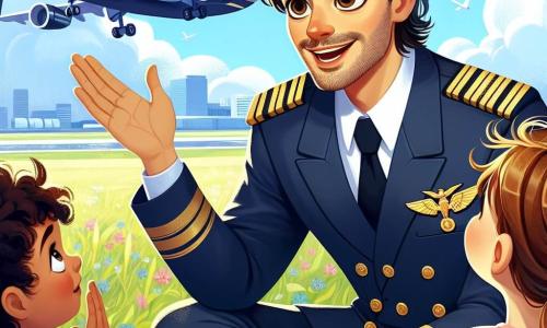 Personajul principal este Căpitanul Andrei, un bărbat de patruzeci de ani, cu părul brun ușor cărunt și ochi strălucitori de pasiune. Poartă o uniformă de pilot albastră închisă, cu epauleți aurii, și un zâmbet cald pe față în timp ce le povestește copiilor. Printre personajele secundare se află Alex, un băiat de 10 ani, cu părul blond zbârlit și ochi curioși, care îl ascultă atent, așezat pe iarbă. Maria, o fetiță de 9 ani cu părul creț și un tricou roz, ridică mâna pentru a pune o întrebare, având o expresie de uimire. Scena se desfășoară lângă un aeroport, cu un cer albastru strălucitor și avioane în fundal, nori albi plutind ușor. Iarba verde este presărată cu flori colorate, iar copiii stau în cerc în jurul Căpitanului Andrei, captivați de poveștile sale. Situația principală arată Căpitanul Andrei împărtășind povești despre aventurile sale în zbor, în timp ce copiii, fascinați, visează să devină și ei piloți, creând o atmosferă de inspirație și uimire.