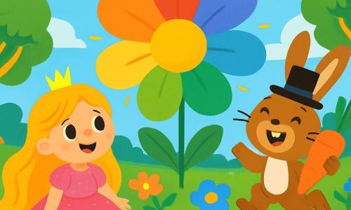Eine kleine Prinzessin namens Lilli mit langen goldenen Haaren und einem glitzernden rosa Kleid lächelt voller Staunen. Sie sitzt auf einem großen Feld mit bunten Blumen, ihre Augen strahlen vor Freude. Neben ihr hüpft ein junger Junge, der Hut-Hase, mit Hasenohren und einem Zylinder, fröhlich und hält eine große Karotte in seinen Pfoten. Der Ort ist ein wunderschöner verzauberter Garten, gefüllt mit riesigen, leuchtend bunten Blumen, tanzenden Schmetterlingen und Bäumen mit goldenen Stämmen unter einem strahlend blauen Himmel. Im Zentrum dieser Szene entdecken Lilli und der Hut-Hase eine riesige Regenbogenblume, die in der Sonne glänzt. Sie lachen zusammen, begeistert von der Schönheit der Natur um sie herum.