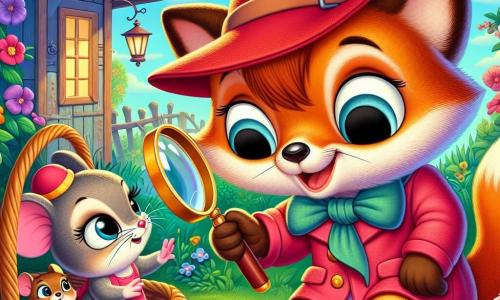 Ein kleiner Fuchs namens Finn, der eine süße rote Mütze trägt und eine Lupe hält, schaut neugierig auf ein kleines Kätzchen, das in einem Korb versteckt ist. Finn hat große, glänzende Augen und ein schelmisches Lächeln, das seine Aufregung über die Untersuchung zeigt. Neben ihm steht eine kleine Maus namens Lilli, die ein rosa Kleid trägt und funkelnde Augen hat, und die das Kätzchen bewundernd beobachtet, während sie auf den Zehenspitzen steht. Im Hintergrund ist ein bunter Garten mit strahlenden Blumen und einem alten Holzpavillon zu sehen, in dem eine angelehnte Tür ein Rätsel andeutet. Die Szene zeigt Finn und Lilli, die das Kätzchen entdecken, und symbolisiert den Abenteuergeist und die Freundschaft in ihrer Suche nach der Lösung des geheimnisvollen Schattens.