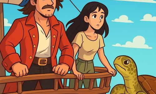 Un hombre pirata, el capitán Bruno, está en la cubierta de su barco, la Gaviota Tuerta, con una expresión decidida y valiente en su rostro. Lleva una chaqueta roja brillante, pantalones negros desgastados y un bandana azul atado en la cabeza, con su cabello castaño ondeando al viento. A su lado, una joven de quince años, Nerea, con cabello largo y negro, viste pantalones de tela y una camiseta sencilla, observa atentamente una tortuga gigante que nada cerca del barco, con una mirada de curiosidad y admiración. El cielo es de un azul brillante, salpicado de algunas nubes blancas, y el agua brilla bajo el sol, creando reflejos dorados. La tortuga, majestuosa, emerge del agua, dejando salpicaduras detrás de ella, mientras el barco se balancea suavemente sobre las olas. La escena captura el momento en que Bruno y Nerea deciden seguir a la tortuga, simbolizando la aventura y la libertad en el mar.