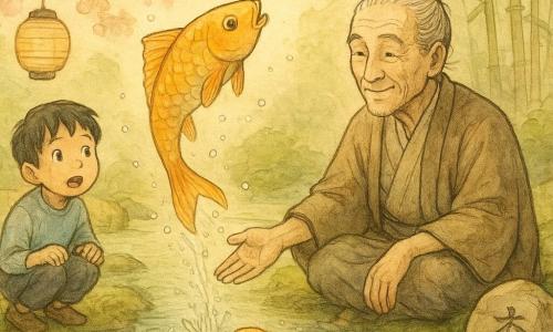 Un hombre llamado Kenji de unos sesenta años, rostro arrugado pero sonriente, cabello gris recogido en un pequeño moño y expresión serena, está sentado en posición de loto junto a un estanque y extiende la mano hacia el agua; una carpa dorada grande y brillante salta elegantemente salpicando gotas que brillan como perlas, mientras otra carpa más pequeña nada cerca de una piedra grabada formando ondulaciones; a la izquierda de Kenji, un niño de unos nueve años, pelo negro corto y mirada asombrada, está agachado en la orilla con una pequeña linterna de papel sobre la hierba; el rincón es un jardín japonés íntimo con piedras lisas y húmedas, musgo espeso, bambú fino, nenúfares, un pequeño puente de madera curvo y un farolillo de papel en un cerezo en flor; en la piedra plana del primer plano hay un haiku en kanji antiguo parcialmente cubierto de musgo; la escena capta el momento mágico en que Kenji, tranquilo y agradecido, observa la carpa dorada saltar alrededor de la piedra del haiku bajo una luz dorada de mañana filtrada por los pétalos de cerezo.
