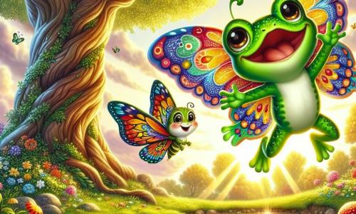 Eine kleine Frosch namens Felix, mit leuchtend grüner Haut und großen, runden, neugierigen Augen, springt fröhlich in die Luft, während seine neuen bunten Flügel hinter ihm ausgebreitet sind und er immense Freude und Staunen ausdrückt. Neben ihm fliegt ein wunderschöner Schmetterling mit bunten Flügeln in Blau, Gelb und Rot, der elegant schwebt, lächelt und Felix ermutigt, ihm zu folgen. Die Szene spielt sich in der Nähe eines großen, majestätischen Baumes ab, dessen breiter, knorriger Stamm von leuchtenden Blumen und einem glitzernden Teich im Sonnenuntergang umgeben ist, was eine magische und bezaubernde Atmosphäre schafft. Felix entdeckt zum ersten Mal seine Fähigkeit zu fliegen, schwebt mit einer Mischung aus Aufregung und Glück in der Luft, während der Schmetterling ihn auf diesem luftigen Abenteuer begleitet.