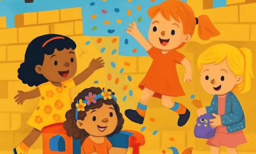 Er zijn 4 kinderen: - Lina: een 5-jarig meisje met bruin, krullend haar, zittend in een mooie, kleurrijke caravan, glimlachend met een papieren bloemenkrans op haar hoofd. - Noor: een 5-jarig meisje in een felgele jurk met bloemenmotieven, staand naast Lina met open armen, klaar om confetti te gooien. - Sara: een 5-jarig meisje met blond haar in een glinsterende jas, iets op de achtergrond, bezig met het vullen van een klein zakje met kleurrijke confetti. - Fien: een 5-jarig meisje met rood haar in multicolore sokken, vrolijk dansend met een stralende glimlach in het midden van de afbeelding. De locatie is een grote stenen muur versierd met kleurrijke vlaggen die in de wind wapperen. Onderaan de muur danst en zingt een blije menigte in carnavalskostuums met maskers en extravagante hoeden. Lantaarns verlichten de scène en creëren een feestelijke, warme sfeer. De hoofdactie toont de kinderen die kleurrijke confetti de lucht in gooien, wat een regen van kleuren creëert die onder de zon schittert. Het gelach en de glimlachen van kinderen en volwassenen vermengen zich met de opzwepende muziek, wat de blije geest van het carnaval vastlegt.
