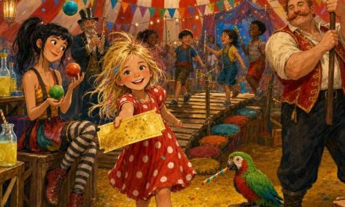 Lella, bambina di 8 anni, gioiosa e bionda con ciocche scompigliate e guance rosate, porge sorridendo una grande banconota dorata scintillante; Pino, portabandiera di circa 40 anni, alto e robusto con baffi rossicci, saluta sventolando una grande bandiera gialla e una rossa dietro di lei; Matilde, giocoliera di 25–30 anni, snella con coda di cavallo nera, siede su una cassa a sinistra mentre fa rimbalzare tre palline colorate e guarda complice Lella; il direttore, uomo di circa 55 anni in abito scuro e cilindro lucido, applaude vicino al banco degli artisti; Pinuccio, piccolo pappagallino verde e rosso, è posato su una cassa tenendo nel becco una cannuccia arcobaleno; ambientazione sotto un grande tendone rosso e bianco con pavimento di polvere dorata, lanterne e festoni, tavoli di legno con bottiglie di limonata colorate e una passerella di assi al centro decorata con cuscini; situazione: pausa limonata festosa con bambini che attraversano il ponticello tenendo cannucce arcobaleno, risate, coriandoli e stelline di carta che cadono, atmosfera calda e colori saturi.