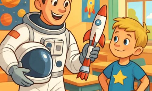 Uśmiechnięty mężczyzna, Michał, w białym i srebrnym skafandrze astronauty, stoi z entuzjazmem, z błyszczącymi oczami pełnymi pasji. Ma brązowe włosy i trzyma przezroczysty hełm pod pachą, pokazując dzieciom model rakiety. Obok niego dziesięcioletni chłopiec, Kuba, z blond włosami i błyszczącymi oczami, patrzy na Michała z podziwem, z rękami na biodrach, gotowy do zadawania pytań. Ma na sobie niebieską koszulkę z gwiazdą i dżinsowe szorty. W tle kolorowa klasa z plakatami planet i rakiet na ścianach, drewniane biurka i wielokolorowe krzesła. Okna wpuszczają światło słoneczne, oświetlając pomieszczenie. Główna sytuacja pokazuje Michała dzielącego się swoją pasją do kosmosu z dziećmi, wyjaśniając cuda wszechświata, podczas gdy Kuba, zafascynowany, marzy o zostaniu astronautą.