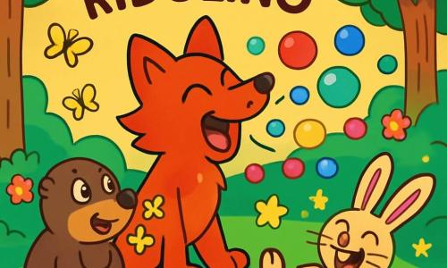 Pimpa, una volpe dal manto rosso vivo e dalla coda soffice, ride di gusto con gli occhi scintillanti di gioia, mentre starnutisce e fa scoppiare bolle colorate intorno a lei. Berto, un tasso dal pelo marrone e dagli occhi rotondi, è seduto accanto a lei, ridendo con un'espressione sorpresa, mentre farfalle dorate escono dalla sua bocca. Gina, una lepre con il pelo beige e grandi orecchie, rotola per terra, il ventre pieno di risate, circondata da piccole stelle scintillanti che danzano attorno a lei. La scena si svolge nel magnifico Bosco Ridolino, dove gli alberi sono alti e folti, adornati di fiori brillanti e di una luce dolce, creando un'atmosfera magica e gioiosa. Al centro dell'illustrazione, Pimpa starnutisce, liberando bolle colorate e stelle ridenti, mentre tutti gli animali si divertono insieme in un'atmosfera di festa incantata.