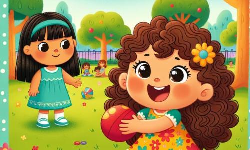 Una niña de 4 años, Clara, con cabello castaño rizado y ojos brillantes, sonríe alegremente mientras lanza una pelota roja en un parque soleado. Lleva un vestido colorido con estampados de flores y parece llena de energía y felicidad. Junto a ella, Ana, otra niña de 4 años, tiene el cabello largo y liso de color negro y lleva un vestido azul. Mira a Clara con una sonrisa tímida, sosteniendo un pequeño juguete en sus manos, lista para jugar. El parque está lleno de vegetación, con árboles majestuosos, flores coloridas y un cielo azul claro. Se pueden ver niños jugando a lo lejos, y risas flotan en el aire. La escena muestra a Clara y Ana jugando juntas, compartiendo risas y juegos, ilustrando la importancia de la amistad y la tolerancia, a pesar de sus diferencias.