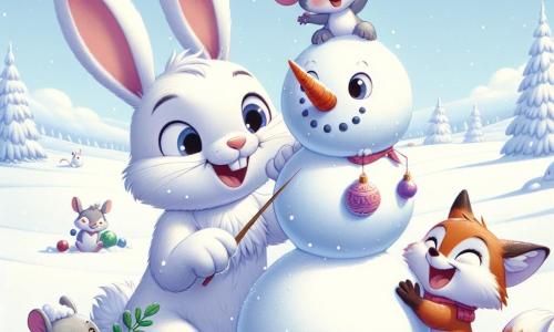 Un coniglio di nome Bobo, con il pelo bianco e grandi orecchie, sta costruendo un allegro pupazzo di neve in un campo innevato. Ha un grande sorriso sul viso, gli occhi brillano di eccitazione e le sue piccole zampe sono coperte di neve. Accanto a lui, Checco, un topo con il pelo grigio e occhi luminosi, tiene una carota per il naso del pupazzo di neve, mostrando un'espressione di gioia. Lilli, una volpe dai peli rossi e occhi maliziosi, appende palle colorate sul pupazzo di neve, ridendo felice. Il luogo è un vasto campo coperto da uno spesso strato di neve scintillante, con alberi innevati sullo sfondo e un cielo azzurro chiaro punteggiato di nuvole bianche. I tre amici decorano il loro pupazzo di neve, creando un momento magico e festoso, pieno di risate e amicizia.