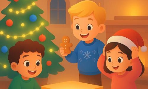 Ci sono 4 bambini: Luca, un ragazzo di 6 anni con capelli castani ricci e occhi marroni brillanti, indossa un maglione verde e pantaloni rossi, è seduto vicino all'albero di Natale. Marco, un ragazzo di 7 anni con capelli biondi e un sorriso birichino, indossa un maglione blu con motivi di fiocchi di neve, tiene un biscotto nella mano destra. Giulia, una ragazza di 6 anni con capelli neri lisci e occhi curiosi, indossa un vestito rosso a pois bianchi, è in piedi accanto a Luca, indicando la scatola misteriosa. Sara, una ragazza di 5 anni con capelli castani e guance rosa, indossa un maglione rosa e pantaloni bianchi, sta mettendo un piccolo cappello rosso sulla testa. Il luogo è un salotto caldo e accogliente, decorato per Natale. Un grande albero di Natale illuminato troneggia in un angolo, coperto di ghirlande scintillanti e palline colorate. Luci soffuse illuminano la stanza e un camino scoppietta dolcemente sullo sfondo, aggiungendo un bagliore dorato all'atmosfera. La situazione principale mostra i bambini che scoprono una scatola misteriosa sotto l'albero di Natale. Sono eccitati e meravigliati, i loro volti illuminati dalle luci dell'albero. L'atmosfera è gioiosa e festosa, piena di risate e magia natalizia.