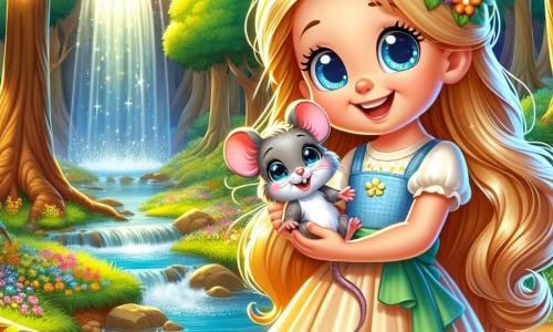Ein junges Mädchen namens Lilia mit langen goldenen Haaren und strahlend blauen Augen lächelt fröhlich, während sie eine kleine graue Maus in ihren Händen hält. Sie trägt ein leichtes Kleid, das mit bunten Blumen verziert ist, und ihr Gesicht strahlt Wärme und Freundlichkeit aus. Neben ihr schaut die kleine Maus mit funkelnden Augen und weichem Fell Lilia dankbar an und fühlt sich sicher. Der Hintergrund ist ein wunderschöner verzauberter Wald mit majestätischen Bäumen und lebhaften grünen Blättern, während bunte Blumen den Boden bedecken. Ein glitzernder Bach fließt in der Nähe und reflektiert die Sonnenstrahlen, die durch das Laub dringen. Die Szene zeigt Lilia, die die kleine Maus tröstet, während sie in der Nähe einer magischen Quelle stehen, die in sanftem, goldenem Licht leuchtet und Freundschaft und die Magie des Moments symbolisiert.