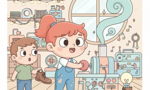 Martina, giovane inventrice gioiosa con occhi grandi, capelli rossi a codini e salopette blu macchiata, preme un grosso pulsante rosso della sua macchina; un vicino di circa 8 anni la osserva di lato con la bocca a 