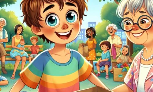 Um garoto de 10 anos, Lucas, com cabelos castanhos bagunçados e olhos brilhando de curiosidade, está no centro da imagem, sorrindo com entusiasmo. Ele usa uma camiseta colorida e um short, segurando uma caixa de papelão cheia de roupas e alimentos, pronto para entregá-la a quem precisa. Ao lado dele, a Sra. Clara, uma mulher de cerca de cinquenta anos, com cabelos grisalhos presos em um coque e óculos redondos, sorri calorosamente enquanto segura um cartaz que diz "Campanha de Solidariedade". Ela está ligeiramente inclinada para frente, incentivando Lucas com um olhar gentil. Ao fundo, vê-se um parque verdejante, com árvores frondosas e bancos, onde famílias se reúnem ao redor de Lucas, algumas segurando sacolas de doações. A atmosfera é alegre e solidária, cheia de cores vivas e sorrisos. A situação principal mostra Lucas e a Sra. Clara distribuindo caixas de doações a famílias necessitadas, ilustrando o espírito de compartilhamento e solidariedade que une a comunidade.