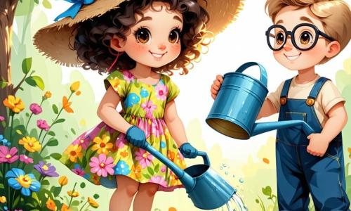 Uma menina de 2 anos, Luzia, com grandes olhos brilhantes e cabelos cacheados, está cavando em um jardim ensolarado. Ela usa um vestido colorido com flores e um chapéu de palha, exibindo um grande sorriso de alegria e excitação. Ao lado dela, um menino de 3 anos chamado Tomás, com cabelos loiros e óculos redondos, segura um regador e olha para Luzia com um sorriso cúmplice. Ele está vestido com uma camiseta azul e shorts. O jardim está cheio de flores vibrantes, como rosas vermelhas, girassóis amarelos e violetas, cercado por uma vegetação luxuriante. O sol brilha em um céu azul claro, e borboletas voam ao redor das flores. Nesta cena, Luzia descobre uma pequena minhoca na terra que acabou de cavar, maravilhada com sua descoberta, enquanto Tomás se prepara para regar as plantas com entusiasmo.