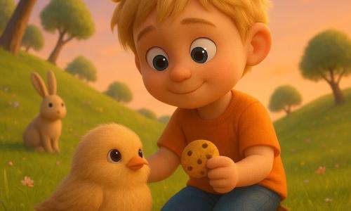 Milo, a 6-year-old boy with a round face and tousled blond hair, timidly smiles and offers half a cookie; a small fluffy bird with a slightly folded right wing nestles at his feet; a bright red six‑spotted ladybug walks on a bent blade of grass in the foreground and a light‑beige long‑eared rabbit sits a few meters away watching; the scene is on a rolling hill with leaning trees, tender green grass, pastel flowers and a peach‑lavender late‑afternoon sky — a tender sunset moment of the boy sharing a cookie with an injured bird beneath a leaning tree, warm golden light on their faces, calm and comforting atmosphere.