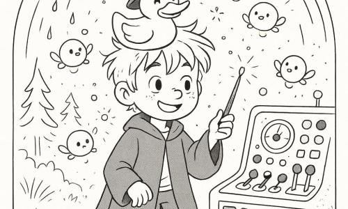 Een glimlachende jongen‑leerling tovenaar Milo met warrig haar en een te grote jas die sleept, staat op een wiebelig krukje in het midden, houdt een kleine toverstok; een geel rubberen eendje met een tovenaarshoedje zit op Milo’s hoofd, knipoogt en drijft in een klein bassin rechts van hem; meerdere lichtgevende, vuurbolachtige wezentjes fladderen rond en drukken op knoppen van een oud bedieningspaneel — sommige op zijn schouder, andere in de lucht; het decor is een glazen koepel waarachter bos te zien is, met een antiek paneel vol hendels, gekleurde knoppen en sierlijke wijzers; vrolijke chaos met spiraalvormige nevel, regen in één hoek, warme vlokjes die op Milo’s neus smelten, confetti‑achtige glitters en een dunne regenboogboog; stijl: fijne inktlijnen, nette trekken, arcering voor schaduw, precieze details en kindvriendelijke, gecentreerde compositie.