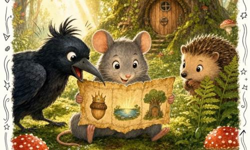 Mira, die kleine graue Maus mit runden neugierigen Augen und glänzenden Schnurrhaaren, lächelt mutig und hält eine zerknitterte Pergamentkarte mit goldenen Linien, links neben ihr Kuno die schwarze Krähe mit glänzendem Gefieder und verschmitztem Blick, rechts ein schüchterner gesprenkelter Igel hinter Farnen; eine moosbedeckte Waldlichtung mit roten Pilzen, knorrigen Baumstämmen und einer Eichenstammtür, Morgenlicht in goldenen Strahlen und funkelnde Tautropfen; die Freunde entdecken die Karte mit drei Symbolen (gekrönte Eichel, kleiner Teich mit Lichtpunkt, Baum-Tür), sanftes Abenteuer, warme Farben, klare kinderfreundliche Komposition, Buntstift- und Aquarelltexturen.