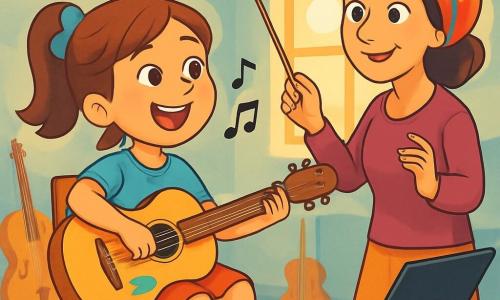 A young girl, Nora, about 10 years old, is sitting on a wooden chair in a rehearsal room with soft, cloud-like walls. She has chestnut hair tied with a sky blue ribbon and a big smile radiating excitement. She holds a honey-colored guitar with a small bird painted near the sound hole and sings passionately, her eyes shining with joy. Next to her, Maestra Lila, a woman in her forties, wears a colorful scarf and a warm smile. She stands with a small baton raised, ready to conduct the orchestra. Her gaze is focused and encouraging, and she seems full of energy. The room is bright, with sound-absorbing felt walls, neatly arranged musical instruments, and a large window letting in the golden light of the setting sun. The main scene shows Nora practicing her song, surrounded by the soft and warm atmosphere of the room, while Maestra Lila encourages her with graceful gestures. The notes of music seem to float in the air, creating a magical and joyful ambiance.