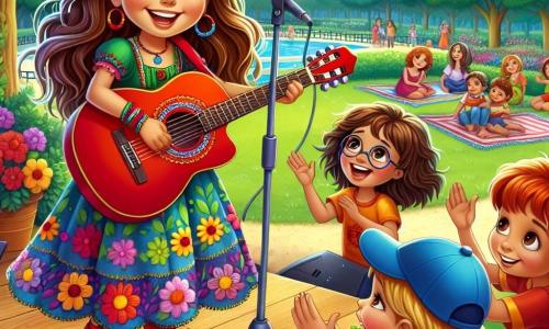 Una giovane donna di nome Sofia, con lunghi capelli castani ondulati e un sorriso splendente, suona la sua chitarra rossa su un piccolo palco improvvisato in un parco. Indossa un vestito colorato a fiori che danza con il vento, e i suoi occhi brillano di gioia ed eccitazione mentre canta con passione. Intorno a lei, un gruppo di cinque bambini, di età compresa tra 6 e 10 anni, la circonda. Un ragazzo con un cappello blu e capelli biondi batte le mani a ritmo, mentre una ragazza con occhiali rotondi e trecce castane canta a squarciagola, gli occhi scintillanti di felicità. Un altro ragazzo, con una maglietta verde, fa gesti divertenti per incoraggiare il pubblico. Il parco è pieno di verde lussureggiante, con alberi dalle foglie brillanti e fiori colorati che danzano nella brezza. Sullo sfondo, famiglie si sistemano su coperte, ascoltando la musica, mentre uccelli volano gioiosamente nel cielo blu. La scena principale mostra Sofia e i bambini mentre danno un concerto gioioso, creando un'atmosfera di felicità e amicizia, dove la musica unisce tutti in una celebrazione colorata e vibrante.