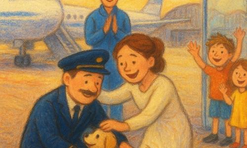 Een mannelijke piloot van rond de veertig met een warme glimlach en donkere pilotenjas en pet knielt om zijn kleine hondje Max (mannelijk, kort beige vacht) te aaien; een vrouw van ongeveer 35 met opgestoken kastanjebruin haar en lichte jurk omhelst hem vrolijk en vriendelijk; een copiloot van circa 40 in een blauwe overall staat iets achteraan bij de cockpitdeur en klapt zachtjes naar de kinderen; een jongen van circa 6 en een meisje van circa 5 zwaaien en lachen op een glazen loopbrug in kleurige kleren; alles speelt zich af op een verlichte platformbaan bij schemering met sporen op de grond, grote hangars en een wit vliegtuig met blauwe strepen en open deuren en metalen trap, sfeer van een tedere hereniging na de landing met warme pastelkleuren en zachte contrasten.