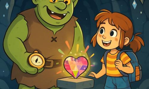 A kind ogre, tall and muscular, with moss-green skin and sparkling orange eyes, stands at the center of the scene, a warm smile lighting up his face. He wears a brown canvas tunic and leather sandals, holding a small shining compass in his massive hand. Beside him, an eleven-year-old girl with messy auburn hair and a colorful backpack looks at the ogre with admiration, her eyes sparkling with excitement. She wears a striped t-shirt and denim shorts, ready for adventure. The setting is a mysterious underground tunnel with black stone walls sparkling with silver crystals, and dancing light reflections creating a magical atmosphere. Stalactites hang from the ceiling, and the ground is covered with soft, green moss. The main situation shows the ogre and the girl standing before a stone pedestal, on which rests a magnificent glowing gemstone, the Heartstone, emitting colorful light flashes. They are about to retrieve the stone to save a magical sanctuary, their faces illuminated by hope and adventure.