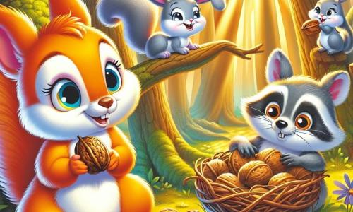 A small squirrel named Sammy, with bright orange fur and a bushy tail, stands on a tree branch, his face showing a curious yet slightly sad expression. He looks around, his large, shiny eyes filled with hope. Next to him, a cheerful rabbit named Ruby, with long ears and soft fur, smiles while holding a small flower in her paws, perched on a nearby branch. A raccoon named Robbie, with gray fur and mischievous eyes, is a bit lower, nibbling on a hazelnut, displaying a friendly and encouraging expression. The setting is an enchanted forest, with tall trees and golden leaves, sunlight filtering through the branches, creating a play of shadows and light on the moss-covered ground. The main scene shows Sammy sharing his nest decorations with his friends, surrounded by bright colors and laughter, illustrating a moment of camaraderie and comfort amidst change.