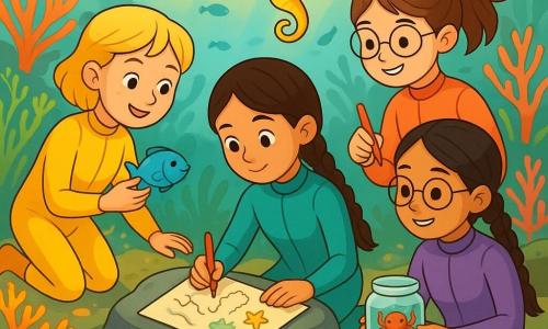 Patru fete explorează un recif de corali puțin adânc și îl cartografiază: Mara (~10 ani) cu părul brun împletit, ochi vioi și costum de scafandru turcoaz este în stânga-centru, îngenuncheată pe o piatră și desenează o hartă pe un caiet etanș; Ilinca (~9 ani) cu păr blond scurt și pistrui, în costum galben, e în stânga și arată un pește albastru prietenelor; Ana (~10 ani) cu păr șaten prins în coadă, ochelari rotunzi și costum corai, e în dreapta, zâmbitoare, notând simboluri pe hartă; Sofia (~11 ani) cu păr negru împletit, în costum violet, stă jos în centru lângă un fotoliu de plajă plutitor adaptat, ținând un crab mic într-un borcan transparent. Scena: recif cu corali portocalii și roz, alge verzi, bancuri de pești colorați, scoici strălucitoare pe nisip, raze de soare aurii filtrate, câteva resturi de plastic neutralizate pe o rocă; un arici de mare galben curios înoată aproape, atmosfera e veselă și colaborativă, culori saturate și compoziție clară centrată pe hartă și creaturi marine.