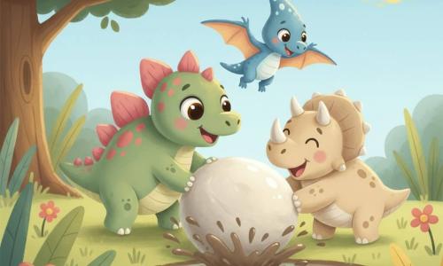 A smiling, cheerful small stegosaurus in soft green with pink and yellow plates and shiny round eyes pushes a glossy round rock with its short legs, a tiny pterodactyl named Tiny with pale blue feathers and white spots flies nearby with wings spread and a playful gaze toward the rock, and a sweet, round beige triceratops with short horns stands behind the rock laughing and nudging it with her snout to help, all in a grassy clearing with thick colorful blades, a large broad-leaved tree on the left, a shiny muddy puddle splashing as the rock rolls into it, a few simple flowers and a pale blue sky with a smiling yellow sun, playful atmosphere, soft colors, rounded shapes, child-friendly gouache style.