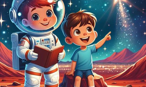 Een mannelijke astronaut, genaamd Sam, staat op een roodachtige Marsoppervlak met een grote glimlach op zijn gezicht. Hij draagt een glanzend wit ruimtepak met een transparante helm die de fonkelende sterren van de lucht weerspiegelt. Zijn ogen stralen van opwinding terwijl hij om zich heen kijkt, met een open boek in zijn hand. Naast hem zit een jongetje genaamd Max, ongeveer 7 jaar oud, met rommelig bruin haar en nieuwsgierige ogen, dat de scène bewondert. Hij draagt een blauwe t-shirt en een korte broek, en zit op een steen met zijn benen bungelend, terwijl hij naar een heldere ster in de lucht wijst. De omgeving is een uitgestrekt martiaans landschap met rode zandduinen en verre bergen onder een sterrenhemel. Fonkelende sterren verlichten de duisternis en creëren een magische, dromerige sfeer. Sam en Max zijn verwonderd door de schoonheid van Mars en delen verhalen over sterren en planeten, met een gevoel van avontuur en ontdekking dat hen verbindt.