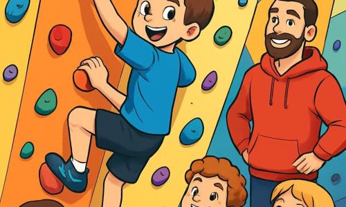 A 12-year-old boy, Sam, with chestnut hair and sparkling eyes of determination, enthusiastically climbs an indoor climbing wall. He wears a bright blue t-shirt and black shorts, his hands covered in white chalk, and his face shows joyful concentration. A few meters below, Coach Riley, a man in his thirties with a well-groomed beard and an encouraging smile, watches Sam with pride, ready to assist him. He is dressed in a red hoodie and sports pants. The climbing wall is tall and colorful, with holds of various shapes and colors, while children laugh and cheer around, creating a dynamic and joyful atmosphere. Sam reaches a difficult hold, his body tense, and he appears ready to overcome his challenge, surrounded by peers who are applauding him.