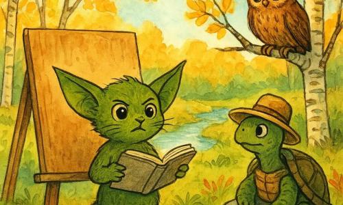 Moss, a small creature with bright eyes and pointed ears, stands proudly in front of a wooden board, holding an open notebook. His expression is determined and attentive, with his whiskers slightly twitching. Next to Moss, a turtle wearing a straw hat observes calmly, its eyes full of wisdom, sitting on a rock. An owl, perched on a nearby low branch, watches with interest, its feathers smooth and eyes wide open. The setting is a sunny clearing surrounded by birches with golden leaves, with a sparkling stream gently winding in the background. The main scene shows Moss explaining to gathered neighbors, who listen attentively, how to save energy and care for their environment. The colors are bright and warm, reflecting an atmosphere of learning and community.
