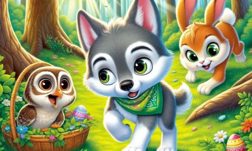 In the center of the image, a small wolf named Finn, with gray fur and sparkling eyes full of excitement, stands on his hind legs, looking around with a mix of concern and determination. He wears a colorful scarf around his neck, adding a cheerful touch to his appearance. To his right, Hazel, a young bunny with large ears and light brown fur, squats with wide eyes of enthusiasm, holding a small basket filled with wildflowers. She looks ready to jump, eager to start the egg hunt. On the left, Misty, an owl with brown and white feathers, perches on a tree branch, her wise round eyes scanning the ground below with a focused expression, ready to give advice to her friends. The setting is a sunny glade surrounded by majestic trees with bright green leaves, dotted with colorful flowers on the ground. A soft ray of sunlight filters through the branches, illuminating the scene with warm light. The main situation shows Finn and his friends in action, searching for the precious Easter egg, with expressions of enthusiasm and curiosity as they explore their lush and magical environment.