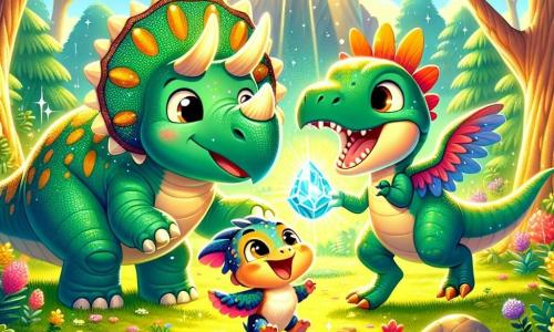 Ein junger Triceratops namens Trico, mit glänzend grünen Schuppen und drei kräftigen Hörnern auf seiner Nase, zeigt große Freude und Neugier, während er ein geheimnisvolles, funkelndes Artefakt in seinem Maul hält. Neben ihm beobachtet ein freundlicher Stegosaurus namens Spike mit bunten Rückenschildern und einem breiten Lächeln bewundernd Trico, während ein kleiner Velociraptor namens Riva mit bunten Federn und funkelnden Augen vor Freude um sie herum springt. Die Szene spielt in einer wunderschönen, sonnigen Lichtung, umgeben von großen Bäumen mit üppigem Laub, wo bunte Blumen blühen und ein kleiner, funkelnder Bach in der Nähe fließt. Trico hat gerade ein altes, magisches Artefakt entdeckt, das in der Sonne leuchtet, und er ist kurz davor, sich einen Wunsch zu erfüllen, um einen geheimen Ort zu schaffen, an dem alle Dinosaurier sicher zusammen spielen können.