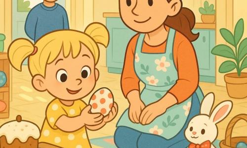 Czteroletnia dziewczynka, szczęśliwa i skupiona, o blond kitkach i dużych błyszczących oczach, w żółtej sukience w białe kropki trzyma delikatnie malowane jajko, obok klęczy dumnie uśmiechnięta mama w ok. 30 lat, z jasnobrązowymi włosami w kok, w kwiecistym fartuszku, a w tle stoi spokojny tata w ok. 35 lat w niebieskim swetrze; obok kosza siedzi mały biały zajączek wielkanocny z czerwoną kokardką w kropki, całość dzieje się w jasnej kuchni z drewnianą podłogą, pastelowym dywanem, stołem z waniliowym ciastem i farbami, promienie słońca tworzą plamy światła, kolorowe jajka są ukryte pod poduszkami i przy roślinach, atmosfera ciepła i radosna, delikatna paleta barw (jasny żółty, błękit, mięta, róż), styl graficzny prosty, z zaokrąglonymi konturami i czytelnymi wyrazami twarzy dla małych dzieci.