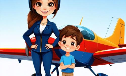 Eine Pilotin, Anna, steht stolz vor einem bunten kleinen Flugzeug mit einem breiten Lächeln im Gesicht. Sie trägt einen marineblauen Pilotenanzug, einen glänzenden Helm und Sonnenbrillen, ihre kastanienbraunen Haare zu einem Pferdeschwanz gebunden. Ihr Blick drückt Leidenschaft und Begeisterung für die Luftfahrt aus. Neben ihr schaut Max, ein 11-jähriger Junge mit zerzausten braunen Haaren, bewundernd auf das Flugzeug. Er trägt ein rotes T-Shirt und Shorts und hält ein kleines Papierflugzeug in den Händen. Etwas weiter entfernt hebt Sophie, ein 12-jähriges Mädchen mit geflochtenen blonden Haaren, freudig die Arme in die Luft, gekleidet in eine bunte Bluse, voller Energie und Enthusiasmus. Die Szenerie ist ein heller Hangar, gefüllt mit mehreren bunten Flugzeugen, auf Tischen liegen verstreute Werkzeuge und an den Wänden hängen Flugplakate. Sonnenlicht strömt durch die großen Fenster und taucht die Szene in eine warme, einladende Atmosphäre. Die Hauptsituation zeigt Anna, die den Kindern erklärt, wie ein Flugzeug funktioniert, während Max und Sophie, fasziniert, aufmerksam zuhören und gespannt darauf sind, die Geheimnisse des Fliegens zu entdecken.