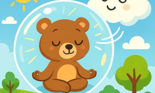 Ein kleiner brauner Bär mit funkelnden Augen und einem sanften Lächeln sitzt in einer schwebenden, durchsichtigen Blase in Meditationshaltung. Sein seidiges Fell strahlt Ruhe aus, während seine Pfoten sanft auf seinen Knien ruhen. Neben ihm schwebt eine große, flauschige weiße Wolke mit einem lächelnden Gesicht und wohlwollenden Augen, die beruhigende Worte murmelt. Der Himmel ist hellblau, mit bauschigen Wolken, und die Sonne strahlt sanft, wirft goldene Strahlen durch die Blase. Darunter erstreckt sich eine grüne Landschaft mit leuchtenden Blättern an den Bäumen und einem glitzernden Bach, der sich zwischen bunten Blumen schlängelt. In dieser Szene praktiziert der kleine Bär tiefes Atmen mit geschlossenen Augen, während die Wolke auf ihn achtet und eine Atmosphäre der Ruhe und des Wohlbefindens schafft.