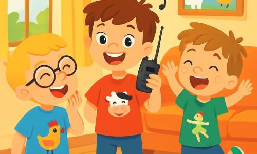 Er zijn 3 personages: - Tim: een 7-jarig meisje met rommelig bruin haar en een stralende glimlach, in het midden met een walkietalkie. - Tom: een 6-jarige jongen met blond haar en ronde bril, links lachend en een kipgeluid imiterend. - Teun: een 5-jarige jongen met kastanjebruin haar en sproeten, rechts springend van blijdschap en zingend. De setting is een warme woonkamer vol zonlicht, met kleurrijke speelgoed verspreid over de houten vloer en een grote, zachte bank met grappige kussens. Een schilderij aan de muur toont dieren tekeningen. De situatie laat de drie broers zien die samen zingen en lachen, met grappige liedjes over een dansende koe en een zingende kip, terwijl blijdschap en familiedynamiek de ruimte vullen.
