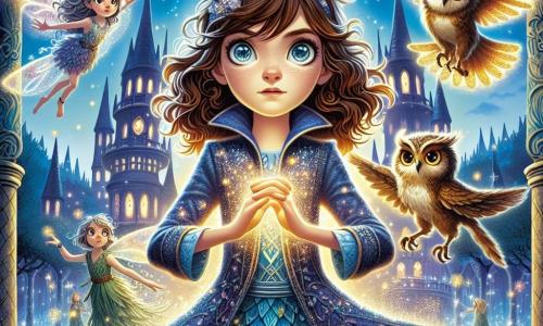 Elara Thornhill, a 12-year-old girl, stands at the center of the scene, her eyes shining with determination and curiosity. She has curly brown hair cascading over her shoulders and wears a blue tunic adorned with shimmering magical patterns. Her hands are raised, surrounded by a golden glow as she prepares to confront an invisible threat. Beside her, Liri, a small fairy with iridescent wings, flits around Elara, her eyes sparkling with excitement. She has silver hair and wears a dress made of flower petals. Thaddeus, a wise owl with brown and golden feathers, perches on a nearby branch, observing the scene seriously, ready to offer advice. The setting is a magical courtyard hidden in the heart of London. Shimmering towers, adorned with glowing runes, rise around them, while fantastical creatures move in the shadows. The twilight light bathes everything in a golden hue, creating a mystical yet welcoming atmosphere. The main situation shows Elara, ready to defend the hidden kingdom against a dark threat, with vibrant energy pulsing around her, while Liri and Thaddeus stand by her side, united in their quest to protect their magical world.