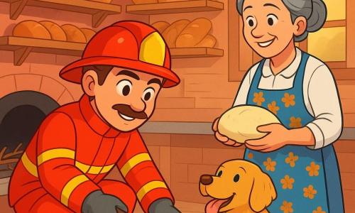 A male firefighter in his thirties, with a brown mustache and sparkling eyes of determination, is wearing a bright red uniform and a shiny helmet. He is crouched down, removing twigs from a bread oven, his face showing concentration and satisfaction. Next to him, a woman in her fifties, Mrs. Barkley, the baker, with gray hair in a bun and a floral apron, watches with a relieved smile, holding a roll of bread dough in her hands. The scene takes place in a cozy bakery with red brick walls, shelves full of golden bread, and soft light filtering through the windows. In one corner, a small dog, Buddy, a golden retriever, waits patiently, tongue out and full of energy. The main situation shows the firefighter saving the bakery from a potential disaster by removing debris from the oven, while the baker thanks him warmly, creating an atmosphere of camaraderie and safety.
