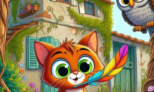 Un piccolo gatto arancione di nome Tommaso, con grandi occhi verdi pieni di curiosità, si trova al centro della scena, tenendo una piuma colorata nella bocca. Sembra eccitato e determinato, pronto a risolvere un mistero. A destra, un vecchio gufo di nome Gino, con piume grigie e occhiali tondi, osserva Tommaso con un sorriso saggio, seduto su un ramo, orgoglioso del suo giovane amico. Sullo sfondo, una vecchia casa abbandonata è circondata da piante rampicanti e fiori selvatici, con finestre polverose e una porta di legno che scricchiola, creando un'atmosfera misteriosa e magica. La scena rappresenta Tommaso che scopre la piuma colorata nel giardino dietro la casa, pronto a iniziare la sua indagine, mentre Gino gli dà consigli, aggiungendo un tocco di avventura a quest'illustrazione.
