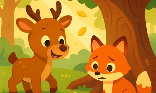 Un piccolo renna di nome Rocco, con un morbido manto marrone e occhi scintillanti di curiosità, sorride gioiosamente mentre cerca un giocattolo perduto nella foresta. Accanto a lui, una volpe dai brillanti peli rossi, con un'espressione triste e occhi lucidi, guarda intorno, sperando di ritrovare il suo tesoro. La scena si svolge in una foresta magica, con alberi dai tronchi larghi e nodosi, fiori colorati che danzano al vento e raggi di sole che filtrano tra le foglie. Rocco e la volpe stanno frugando insieme sotto un grande albero, dove foglie dorate cadono dolcemente, creando un'atmosfera calda e amichevole.