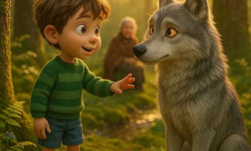 A 6-year-old boy with big curious eyes and messy light chestnut hair, wonderstruck yet cautious, wearing a green striped sweater, denim shorts and muddy boots, gently reaching out to a large silver-furred wolf with bright amber eyes, calm protective posture, sitting facing the boy with head slightly tilted and a friendly gleam; a grandmother is implied by a plaid shawl draped on a nearby stump blurred in the background; the scene is a sunlit forest glade with emerald moss, ferns, lichen-covered trunks, small blue flowers and a sparkling stream, a warm mysterious mood, rich contrasting colors, soft backlighting, centered composition in a warm childlike 3D style.