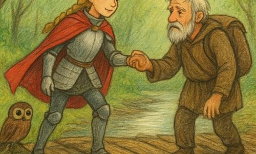 Młoda mieczniczka o łagodnej twarzy i blond warkoczu, w lśniącej zbroi i czerwonym płaszczu, pewnym krokiem prowadzi za rękę starszego, brodatego pielgrzyma w brązowej tunice po mokrym, skrzypiącym drewnianym moście nad srebrzystą rzeką; pielgrzym wygląda na ulżonego i zmęczonego, a mała brązowa sowa na niskiej gałęzi obserwuje scenę, podczas gdy promienie słońca przebijają się przez zielone liście po deszczu.