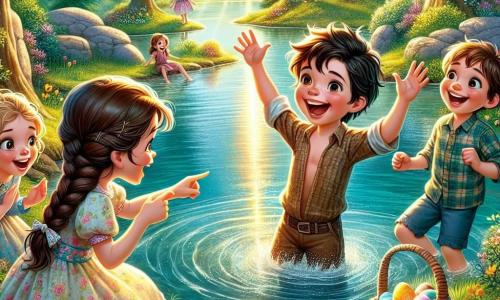 En un hermoso bosque en primavera, cuatro niños se reúnen alrededor de un gran lago que brilla bajo el sol. Lucas, un niño de 11 años con cabello castaño desordenado y una sonrisa radiante, está en el centro, con los brazos levantados, riendo después de caer al agua. A su derecha, Marta, una niña de 10 años con trenzas rubias, lleva un vestido colorido y mira a Lucas riendo, con las manos en las caderas. A la izquierda, Diego, un niño de 11 años con cabello corto castaño, señala un huevo de Pascua escondido en una roca, su rostro brilla de emoción. Finalmente, Sofía, una niña de 8 años con cabello rizado y un vestido de flores, está al fondo, con los ojos abiertos de sorpresa, sosteniendo una canasta llena de huevos de colores. El lugar es un bosque verde, con árboles majestuosos y flores silvestres en el suelo. El lago, de un azul brillante, refleja el cielo soleado, mientras mariposas de colores vuelan alrededor de los niños, sumando a la atmósfera alegre. La escena principal muestra a Lucas, sonriente, saliendo del agua tras su caída, mientras sus amigos ríen y se divierten buscando huevos de Pascua escondidos alrededor del lago, creando una imagen llena de alegría y amistad.