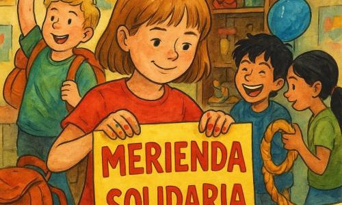 La niña protagonista, 10 años, alegre pero concentrada, cabello castaño claro en corte bob, con manchas de pintura en los dedos, sostiene un gran cartel amarillo pegando letras rojas de cartón; un niño, Leo, unos 9 años, cabello negro despeinado y sonrisa pícara, lleva un globo azul en la cabeza como sombrero y hace una mueca junto a la mesa; una niña, Salma, unos 9 años, piel oliva y coleta larga, sostiene una guirnalda de churros brillante y pegajosa inclinada hacia el armario abierto detrás de Nora; un niño, Bruno, unos 10 años, rubio y algo rellenito, lleva una mochila enorme a reventar y sostiene una cuerda alzada como trofeo a la izquierda de la mesa; la escena ocurre en una gran sala asociativa con paredes cubiertas de carteles coloridos, un armario de madera entreabierto lleno de decoraciones, mesas plegables con manteles de lunares y una caja de música retro en una estantería; situación principal: los niños preparan una merienda solidaria, la niña de 10 años pega las letras mientras los amigos se afanan entre risas y objetos improbables, ambiente caótico pero cálido, colores vivos, trazos de tinta expresiva y lavados de acuarela.