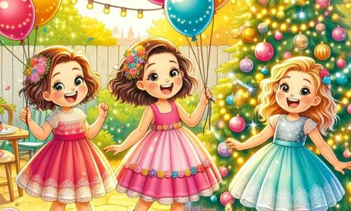 Trei fete vesele, Andreea (10 ani, păr brun și creț, îmbrăcată într-o rochie roșie), Bianca (9 ani, păr blond și drept, purtând o rochie roz) și Cătălina (10 ani, păr șaten deschis și ondulat, îmbrăcată într-o rochie albastră), stau împreună într-o curte decorată pentru o petrecere de Anul Nou. Andreea este în centru, ținând baloane colorate, în timp ce Bianca, la stânga ei, râde ținând un tort decorat, iar Cătălina, la dreapta, agăță ghirlande strălucitoare pe un copac. Locul este o curte însorită, împodobită cu ghirlande luminoase și baloane plutitoare, având un brad mare de Crăciun decorat cu globuri colorate și lumini strălucitoare. Confetti strălucitoare sunt împrăștiate pe jos, iar o masă mare este plină de delicii. Fetele se distrează pregătind petrecerea, râzând și ajutându-se reciproc, în timp ce invitații încep să sosească, aducând zâmbete și bunătăți, creând o atmosferă festivă și călduroasă.